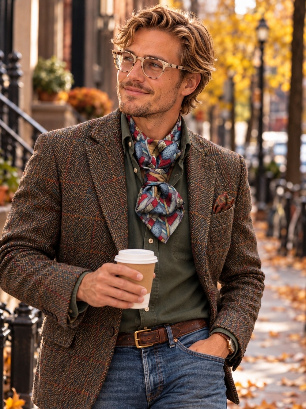 Silk Patterned Ascot / Cravat in Red, Blue & Gold